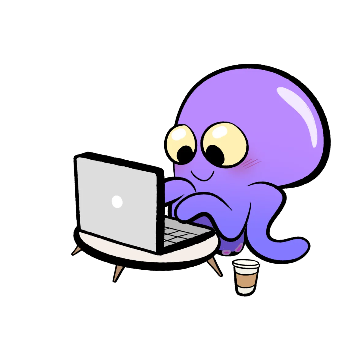 Purple cartoon octopus with large eyes sitting at laptop computer with coffee cup